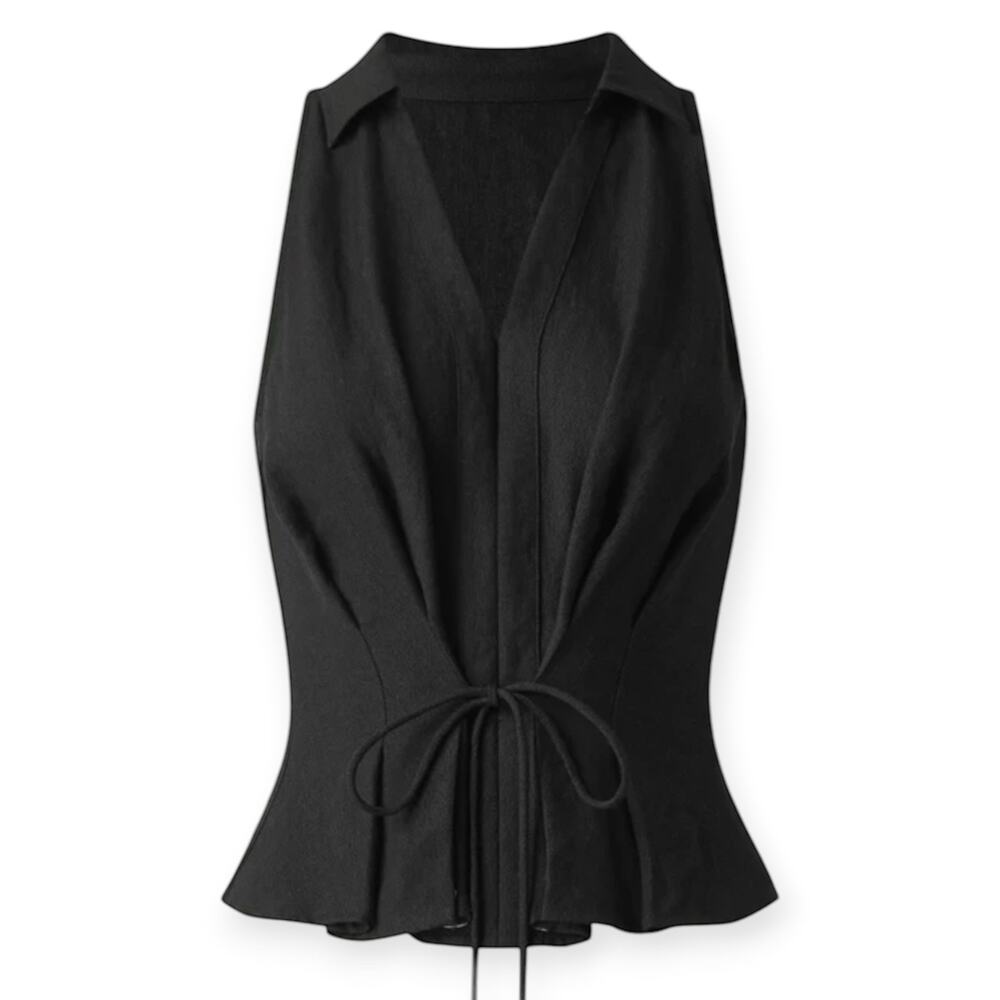 NWT OGL Black Collared V-neck Pleated Sleeveless Top with Drawstring Size Large